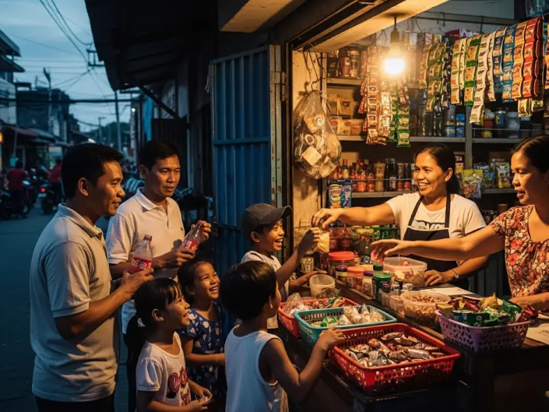 Evening sari-sari store with neighbors lining up to buy daily essentials.