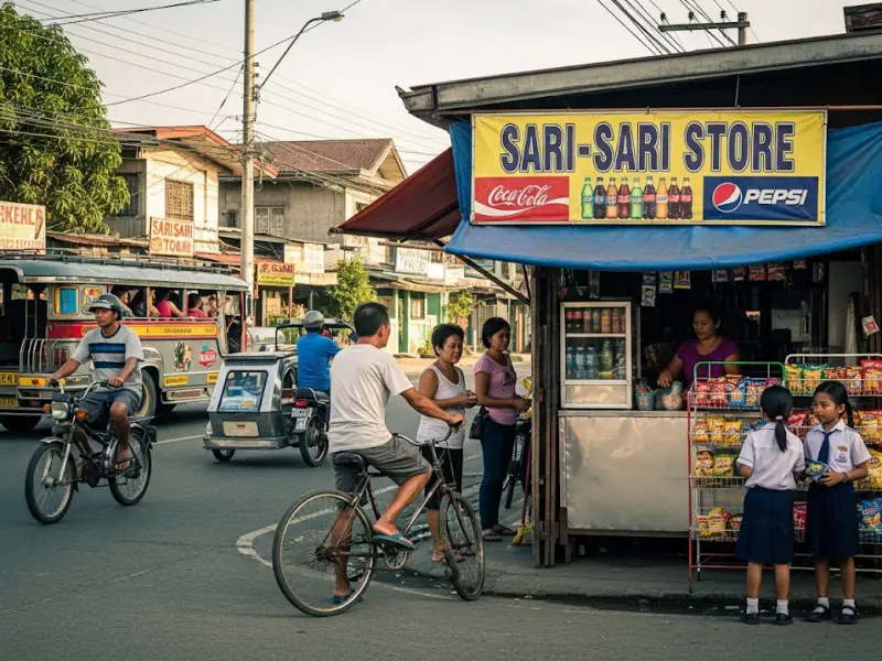Corner sari-sari store in a barangay with neighbors, jeepney, and tricycle nearby.