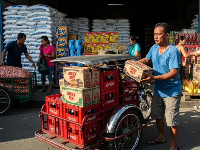 Filipino man loading wholesale supplies like noodles and soda onto his tricycle.