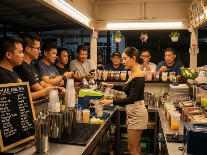 A busy entrepreneur manages a successful milk tea stall, showcasing the growth and scaling of a small business.