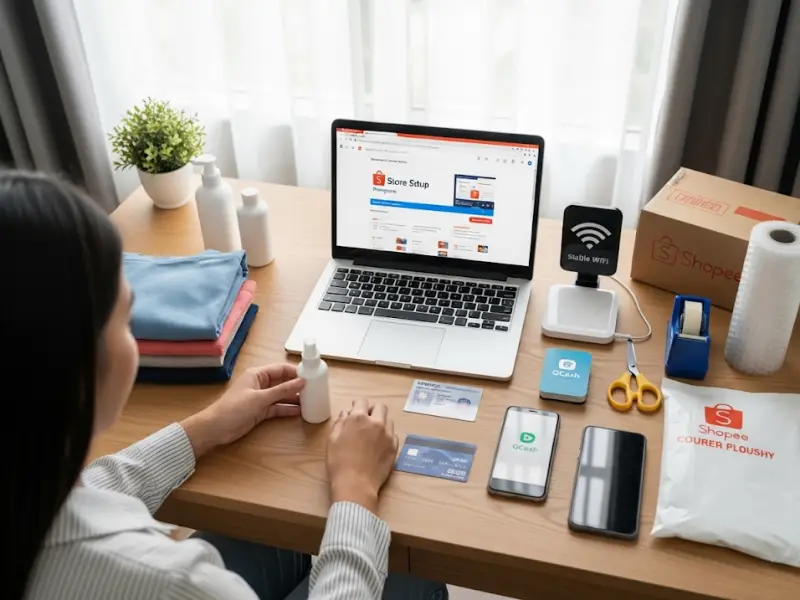 Laptop, phone, and basic supplies prepared for starting a Shopee store in the Philippines.