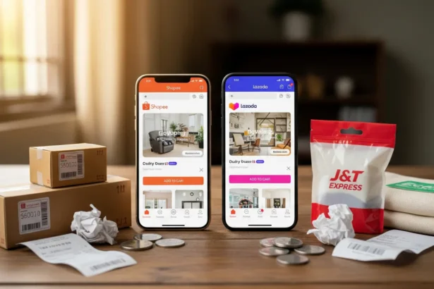 Shopee and Lazada apps side by side on a Filipino shopper’s smartphone with delivery boxes and coins on the table.