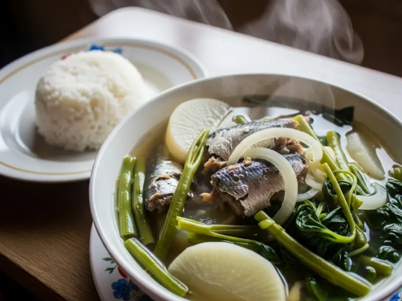 Bowl of sinigang na sardinas with vegetables in a tamarind broth.