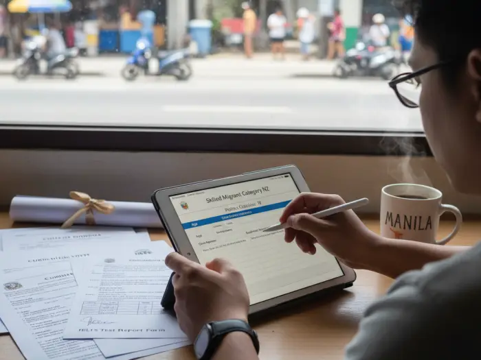 Filipino checking Skilled Migrant Category NZ points calculator at home in PH.