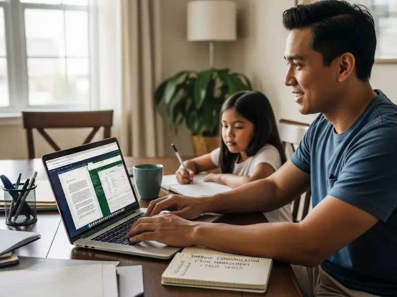 Filipino parent working on laptop while improving skills for virtual assistant work.