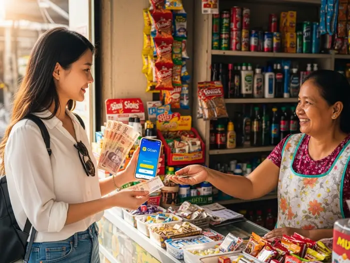 Filipino commuter paying with pesos and using GCash at a sari-sari store.