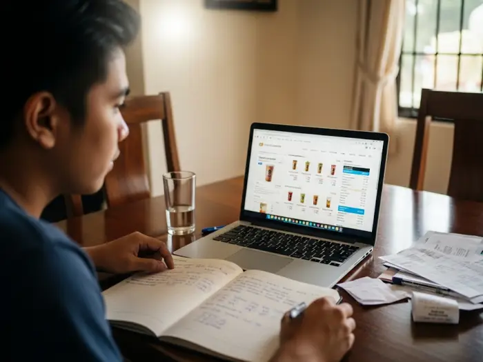 A resourceful milk tea entrepreneur plans their business by checking online suppliers and managing their capital requirements.