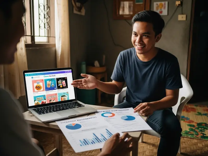 Filipino freelancer presenting a mock social media portfolio with Canva samples.