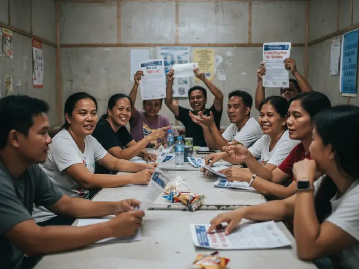 Filipinos in barangay hall reviewing NZ special programs for Filipino professionals.