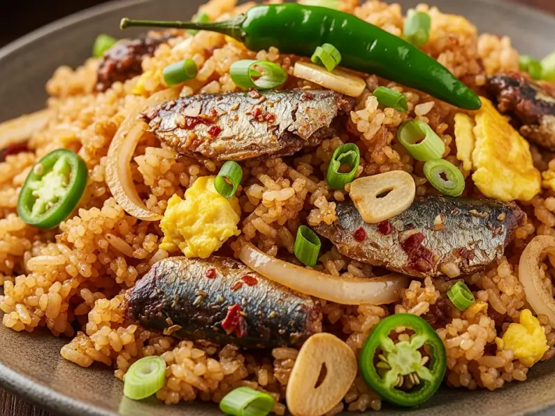 Spicy sardine fried rice with egg and spring onions.