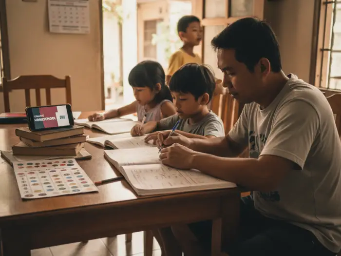 Filipino father teaching kids and tracking homeschool progress in the Philippines.