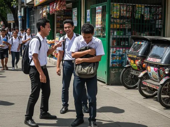 Filipino teenager dealing with peer pressure Pinoy style outside school.