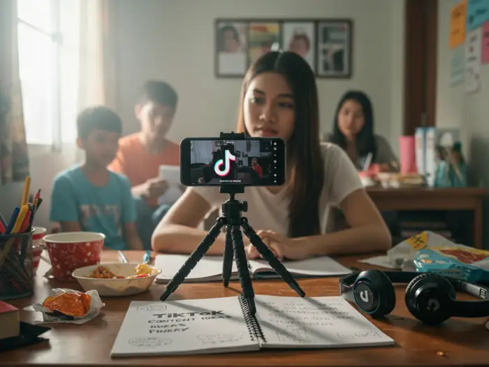Filipino beginner brainstorming TikTok content ideas Pinoy at home.