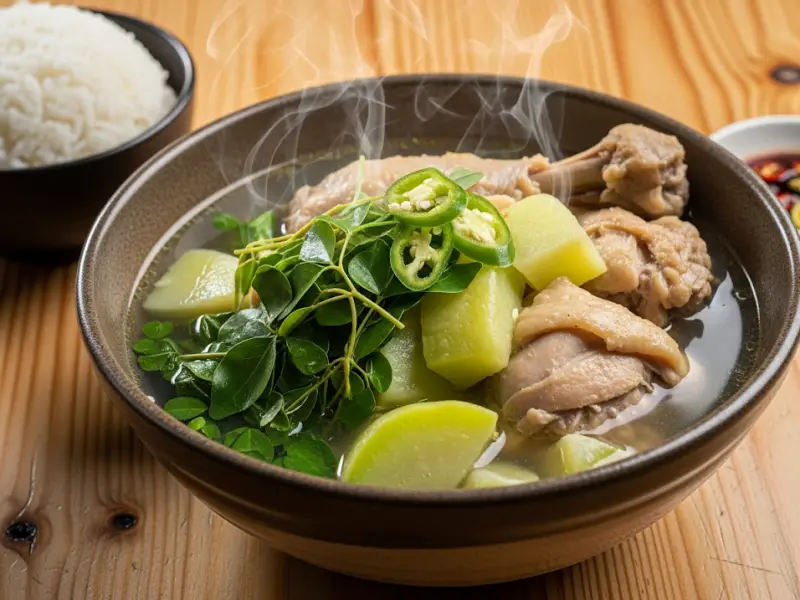 Bowl of tinolang manok with sayote and malunggay served with rice.