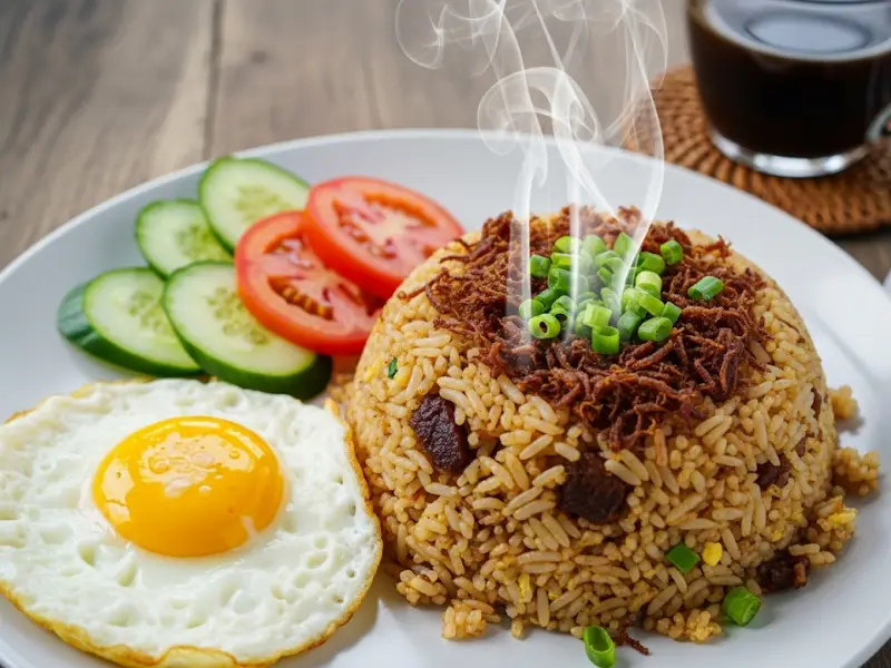 Adobo flakes fried rice with sunny-side-up egg and vegetables on the side.