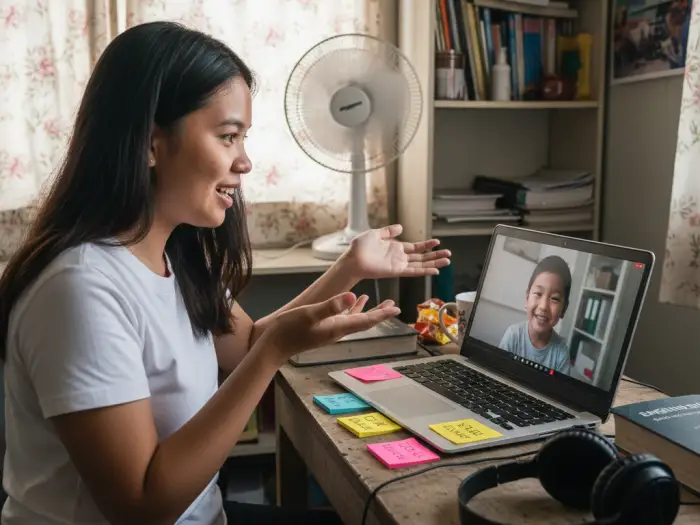 Filipino online tutor teaching enthusiastically with success tips in mind.