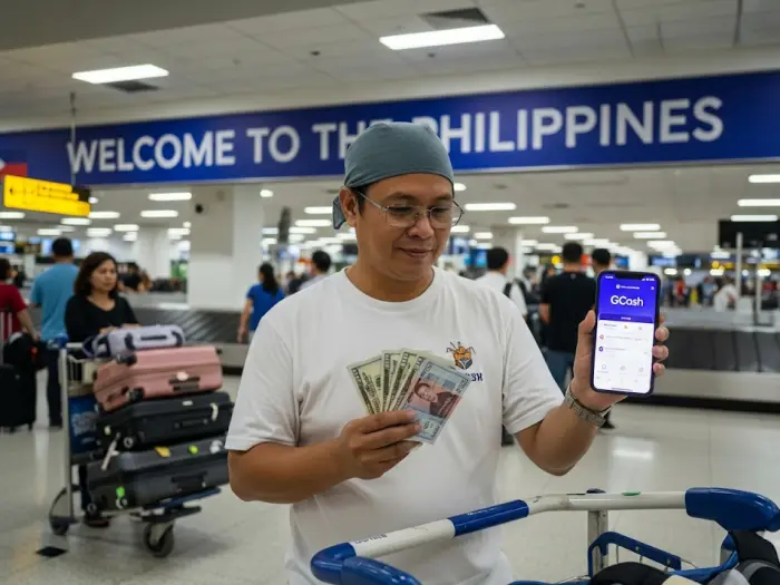 Balikbayan holding pesos and using GCash app upon arrival in the Philippines.