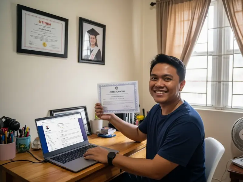 Filipino freelancer showcasing certificates and past work history.