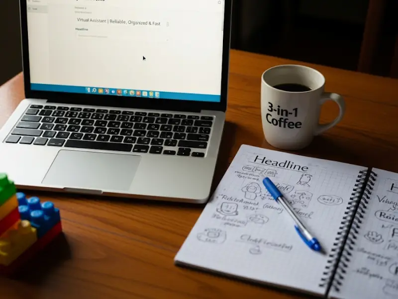 Upwork profile headline being typed on laptop with notes on table.