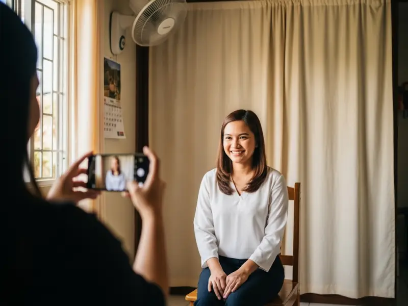 Filipina freelancer posing for an Upwork profile photo at home.
