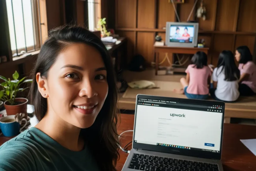 Filipino freelancer creating an Upwork profile at home in 2025.