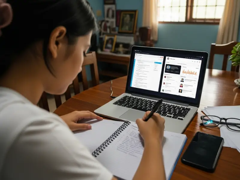 Laptop showing email and social media tasks of a Filipino VA.