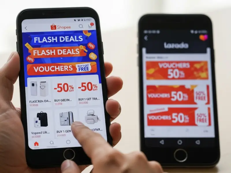 Shopee and Lazada apps showing discount vouchers on mobile screens.