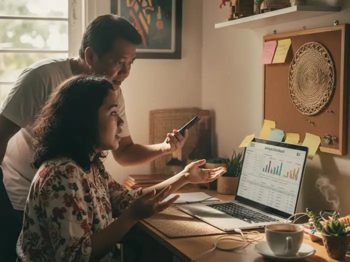 Filipino blogger explaining affiliate marketing Philippines to family at home