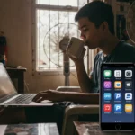 Filipino freelancer using laptop and mobile apps like GCash, PayPal, Trello, Slack, Zoom, and Canva to boost productivity in 2025.