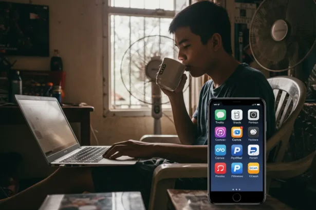 Filipino freelancer using laptop and mobile apps like GCash, PayPal, Trello, Slack, Zoom, and Canva to boost productivity in 2025.