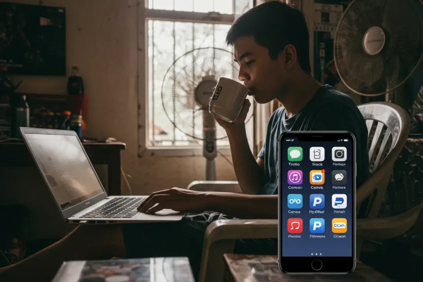 10 apps filipino freelancers productivity 2025 Filipino freelancer using laptop and mobile apps like GCash, PayPal, Trello, Slack, Zoom, and Canva to boost productivity in 2025.