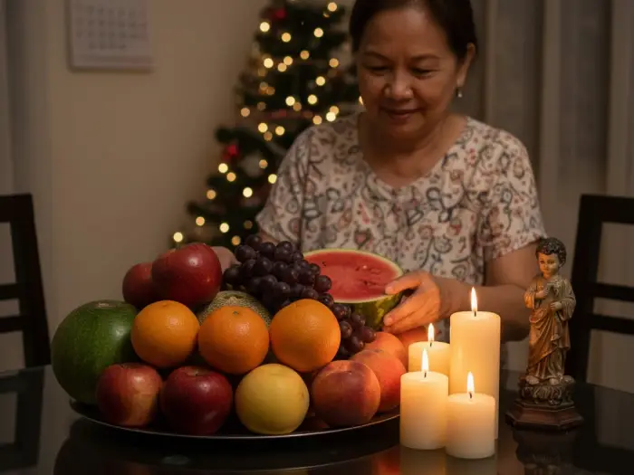 Filipino mother arranging 12 round fruits on the table for good luck on New Year’s Eve.