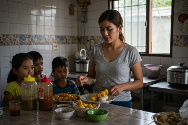 Filipina mom preparing homemade Filipino street food for merienda in a Pinoy kitchen