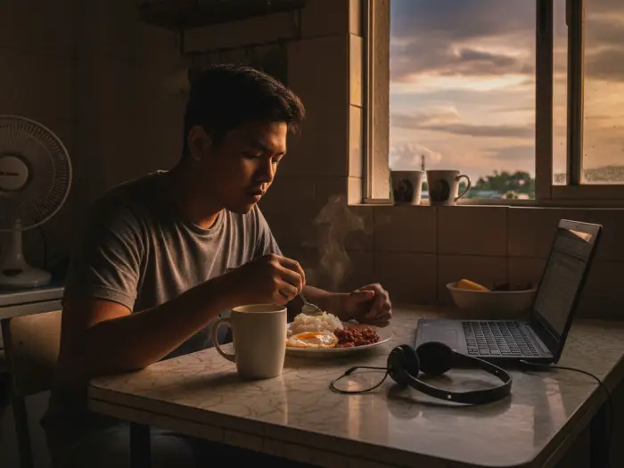 Filipino call center worker eating breakfast at sunset to adjust body clock.