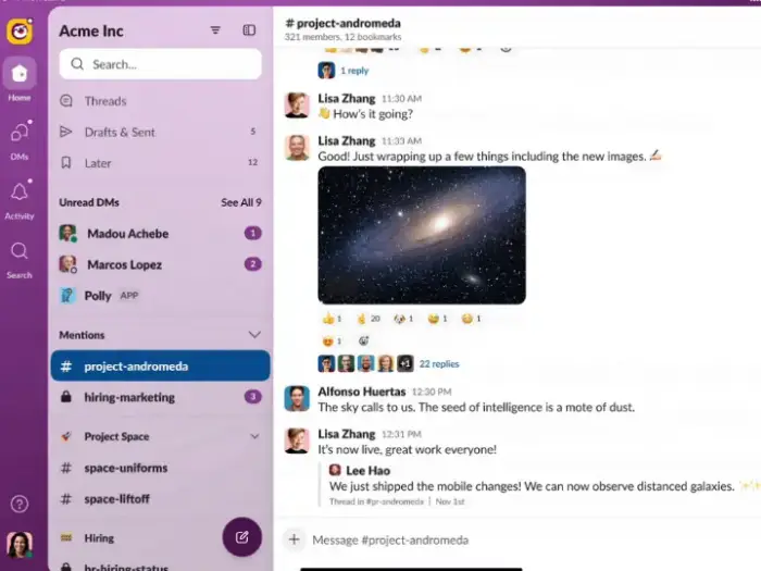Slack app for Filipino freelancers used for team communication and organized client chats.