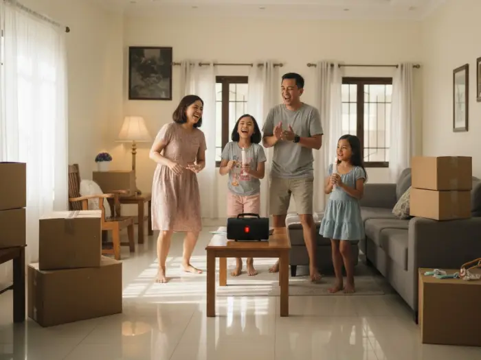 Filipino family playing music in their new house to avoid silent nights.