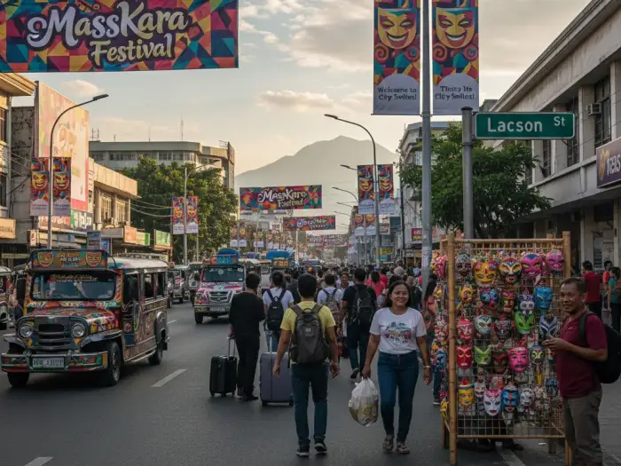 Bacolod City streets decorated with banners and masks during the MassKara Festival.