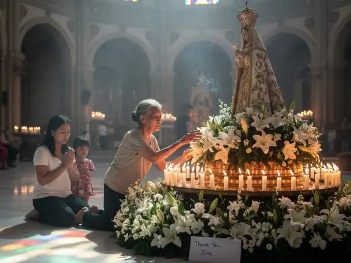 Devotees praying before the image of Our Lady of Peñafrancia inside the Basilica Minore.