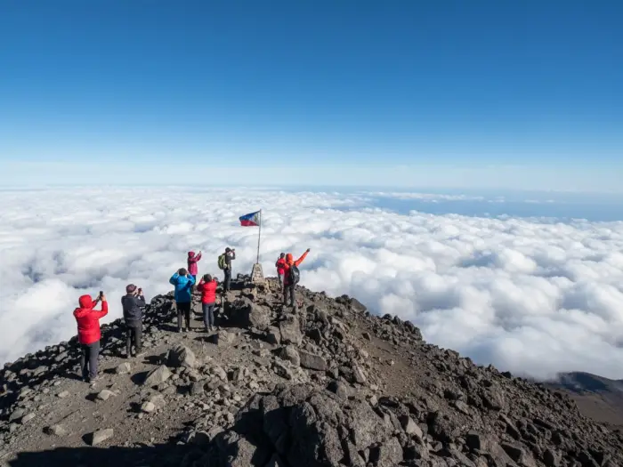 Clear morning view from Mount Apo summit showing clouds and hikers.