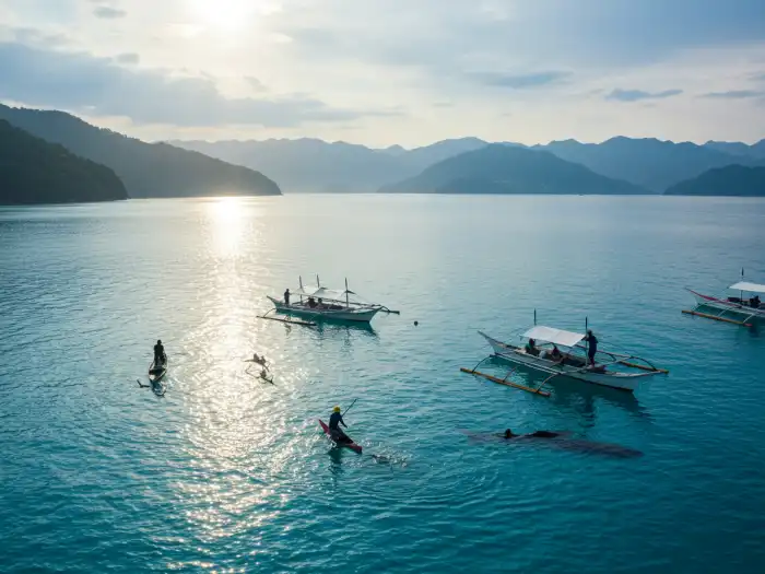Early morning sea in Oslob, Cebu with local fishermen spotting whale sharks.