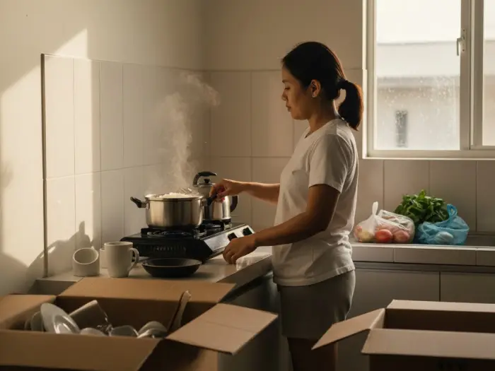 Filipina boiling water and cooking rice on the first day in a new house.