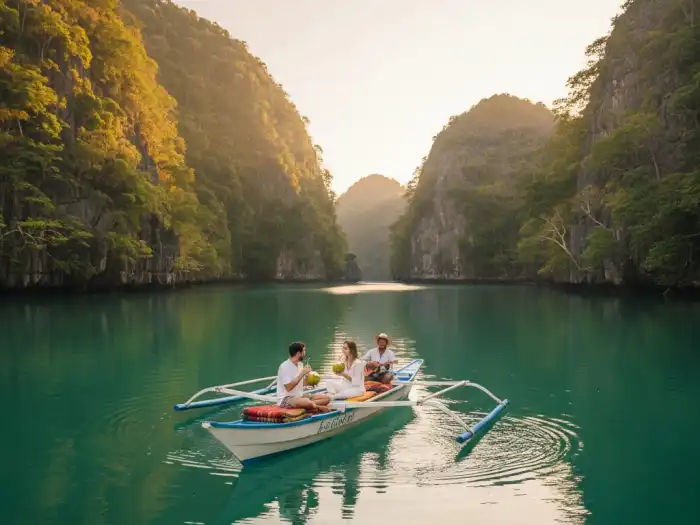 Travelers enjoy a tranquil afternoon at Cadlao Lagoon during El Nido Tour D.