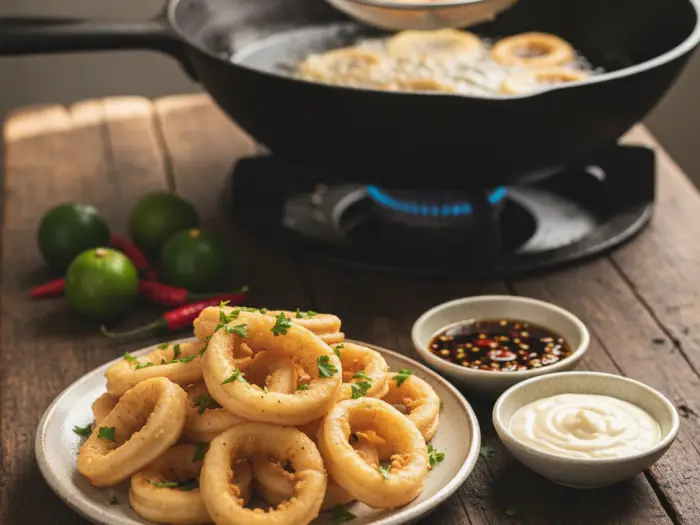 Filipino calamares recipe with vinegar and garlic mayo dipping sauces