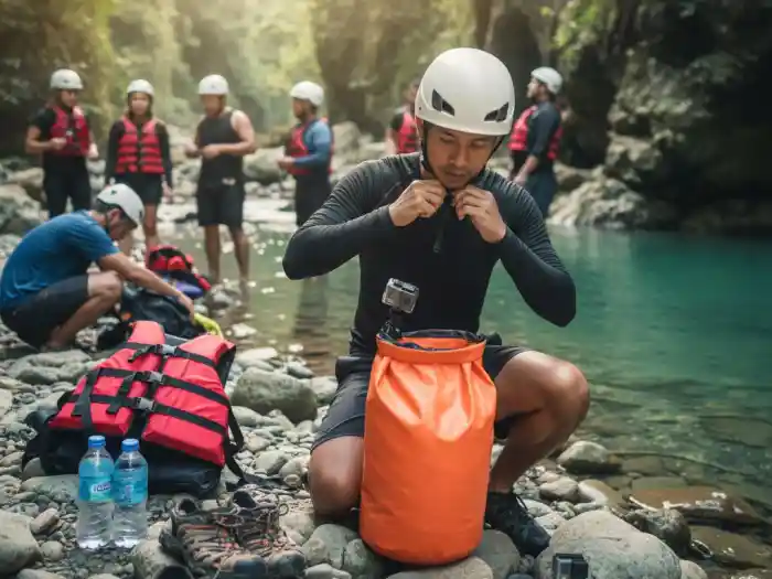 Filipino traveler preparing safety gear before starting Kawasan Falls canyoneering.