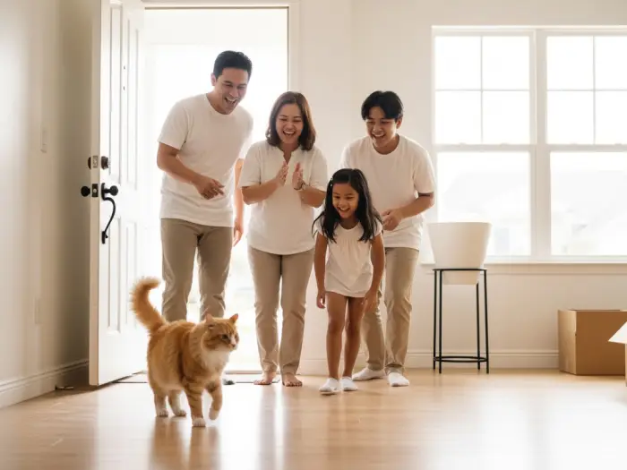Filipino family letting a cat enter their new house first for good luck.