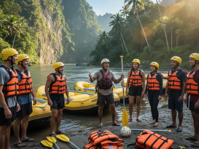 Cagayan de Oro rafting guide giving safety instructions to tourists before river launch.