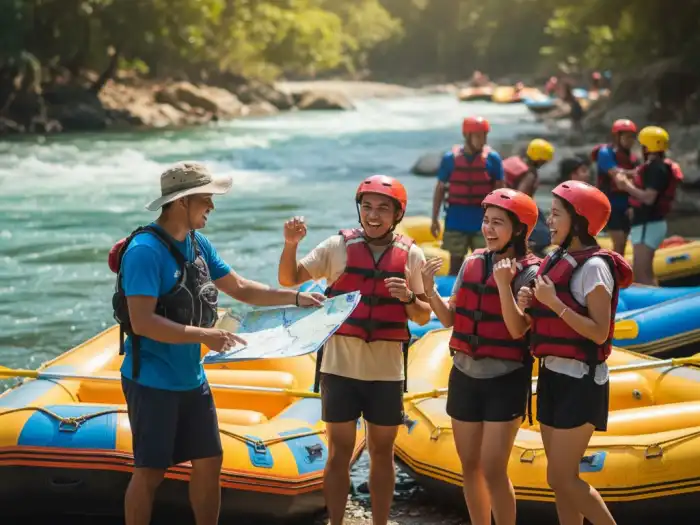 Local guide talking to tourists before rafting in Cagayan de Oro River.