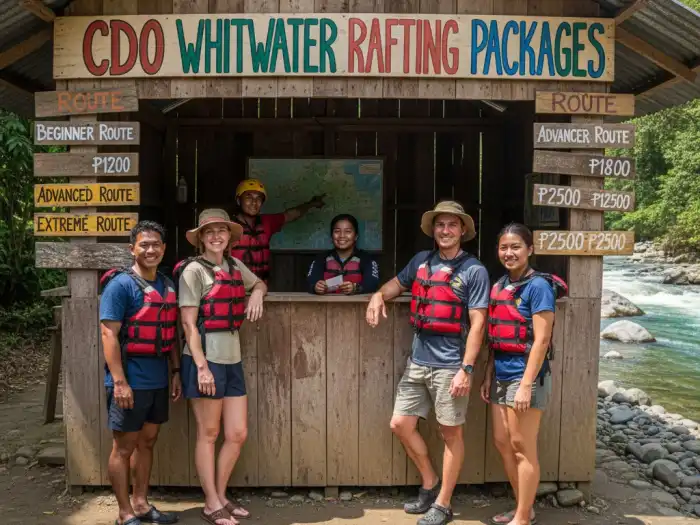 Tourists checking rafting tour rates at a booking booth in Cagayan de Oro.
