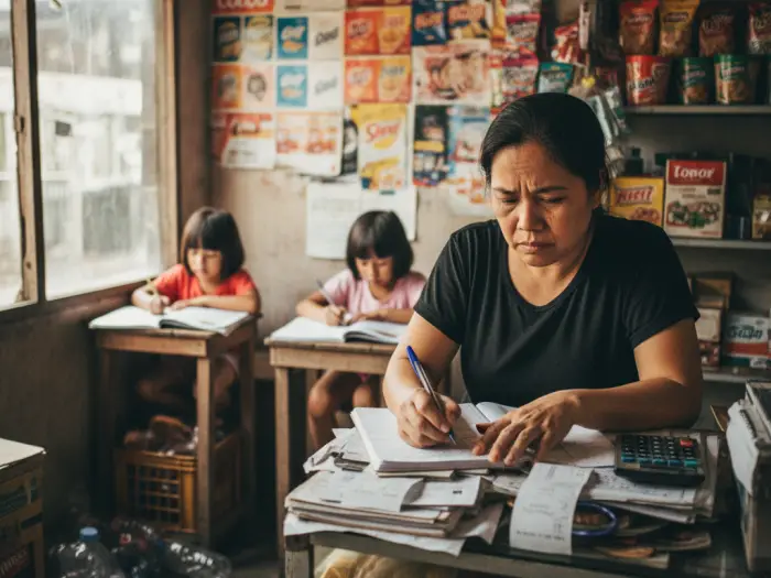 Filipino mother managing bills at a sari-sari store, a common cause of stress in PH.