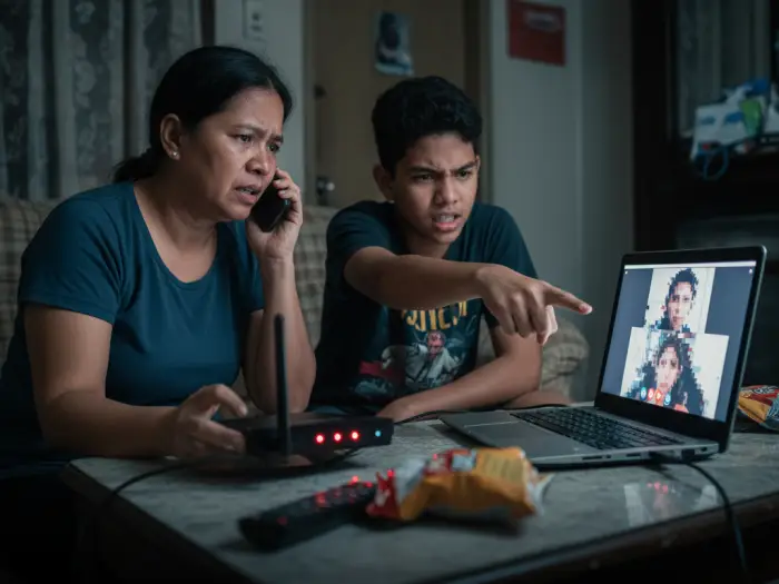 Filipina calling ISP hotline for internet problems, showing customer service PH.